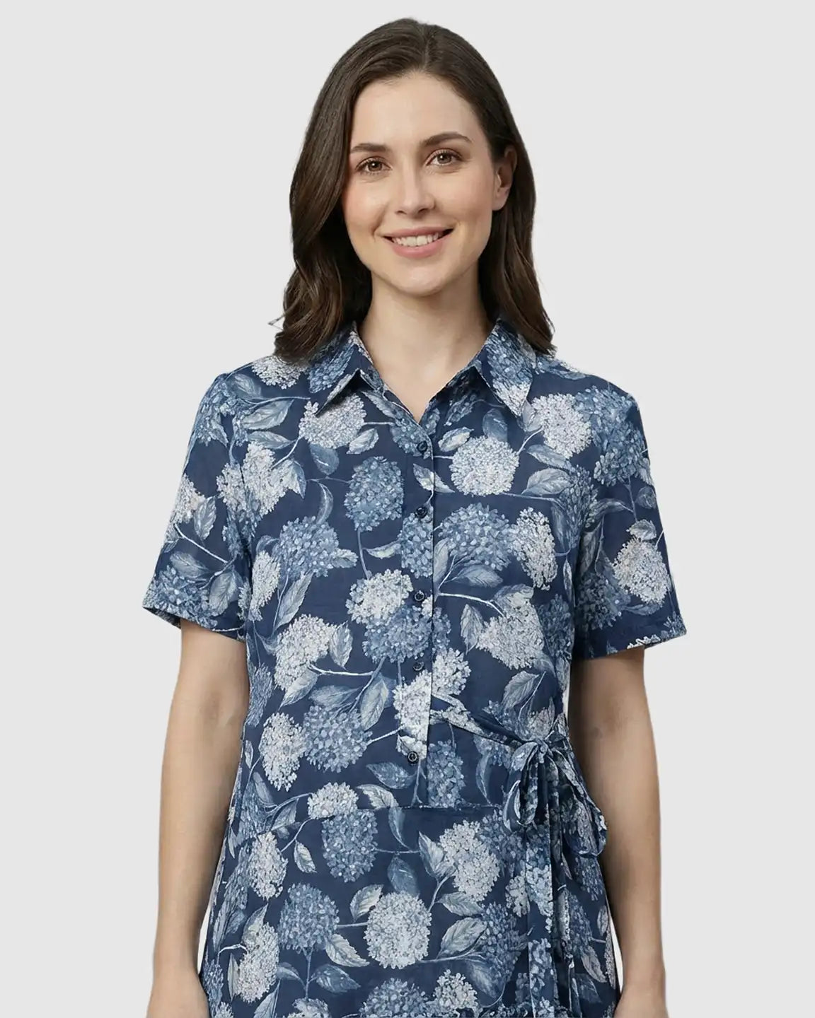 Bump Society – The Comfort Collection: Floral-Lapel Casual Maternity Midi Dress