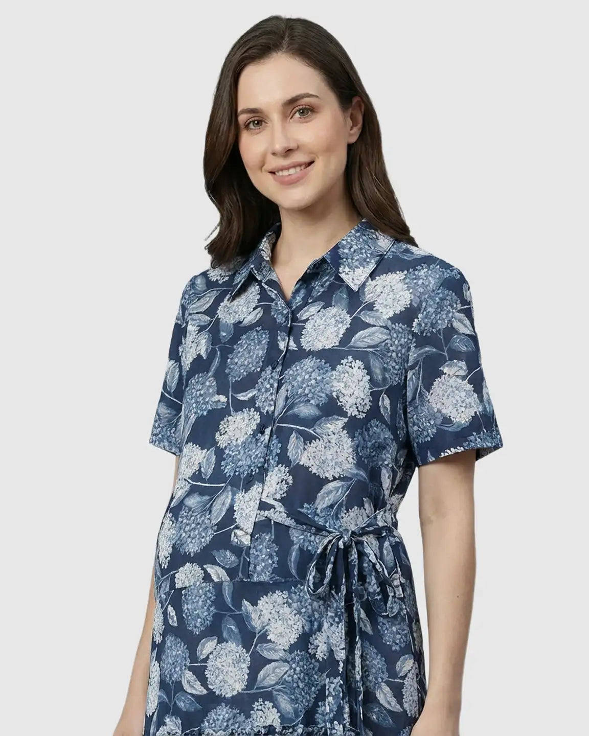 Bump Society – The Comfort Collection: Floral-Lapel Casual Maternity Midi Dress