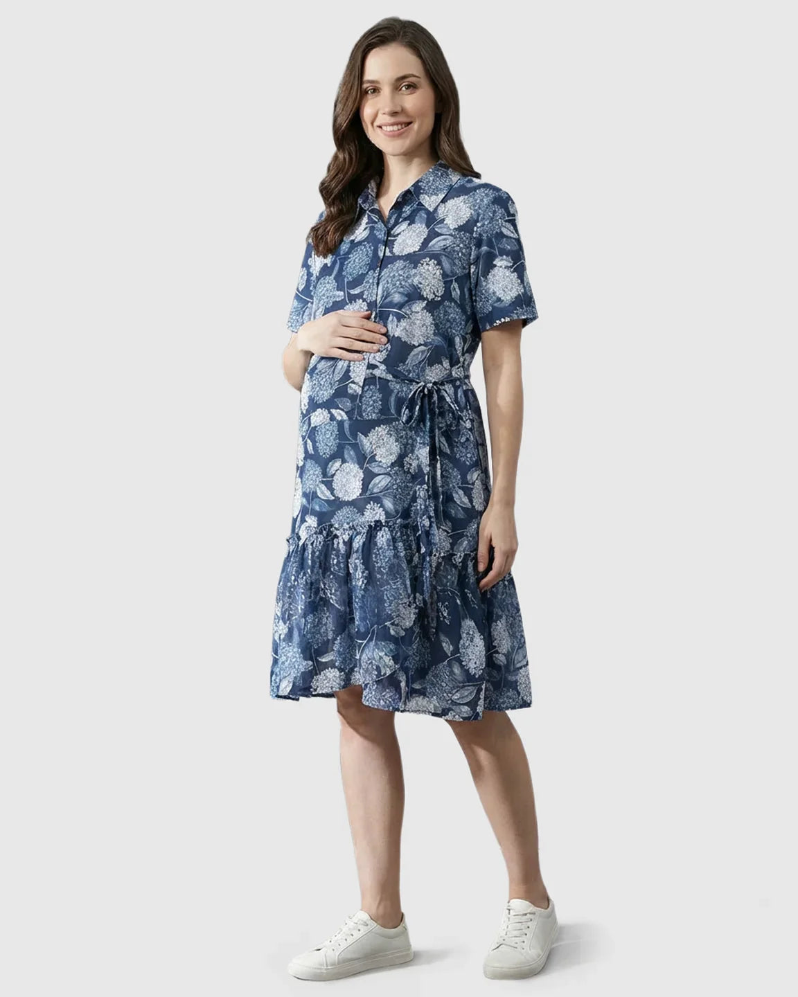 Bump Society – The Comfort Collection: Floral-Lapel Casual Maternity Midi Dress