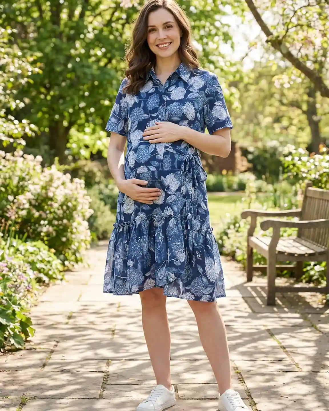 Bump Society – The Comfort Collection: Floral-Lapel Casual Maternity Midi Dress