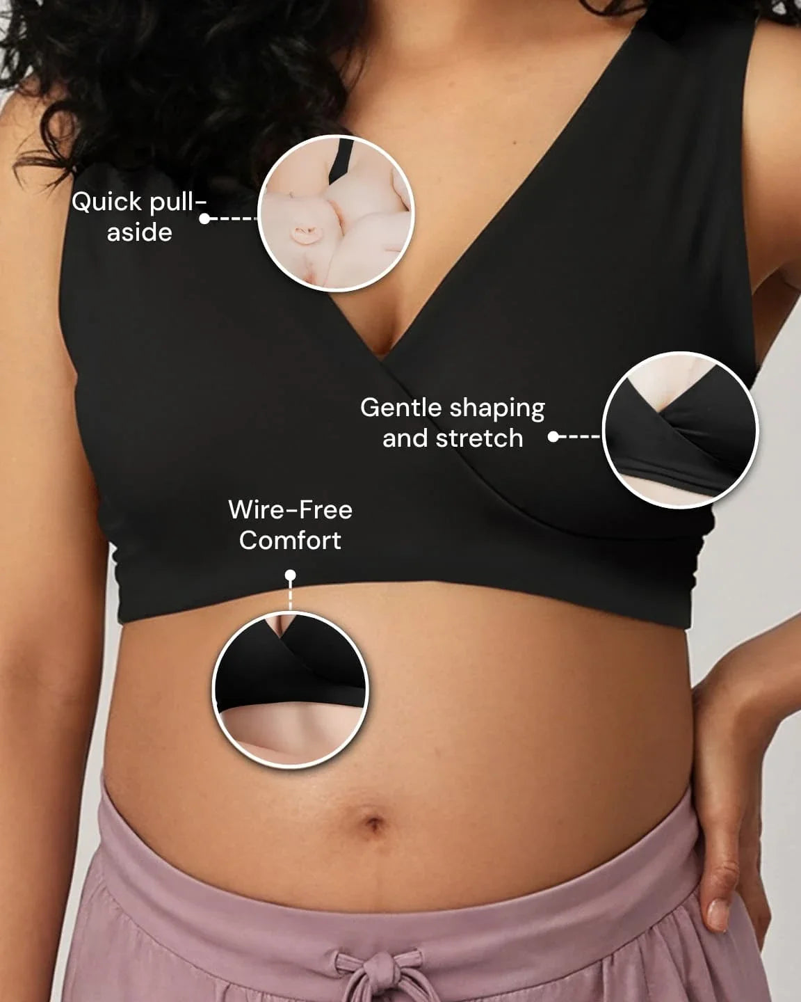 Black soft cotton wire-free nursing bra with quick pull-aside cups and gentle shaping, worn by a pregnant woman.