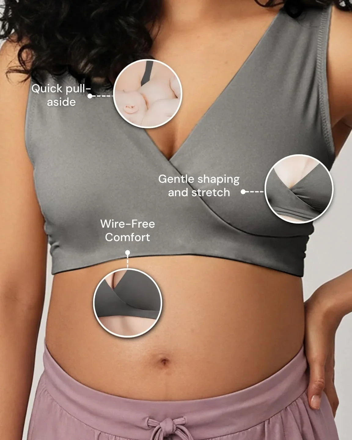 Gray soft cotton wire-free nursing bra with quick pull-aside cups, gentle shaping, and stretch.
