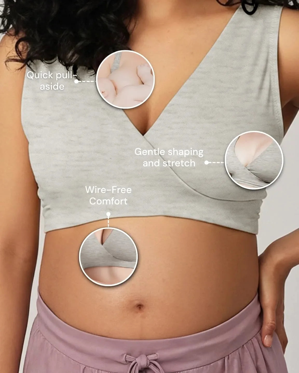 Light gray soft cotton wire-free nursing bra with quick pull-aside cups and gentle shaping.