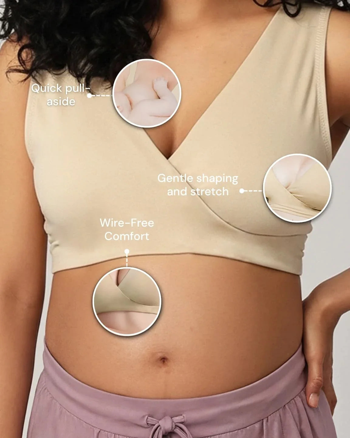 Beige soft cotton wire-free nursing bra with quick pull-aside cups, gentle shaping, and stretch.