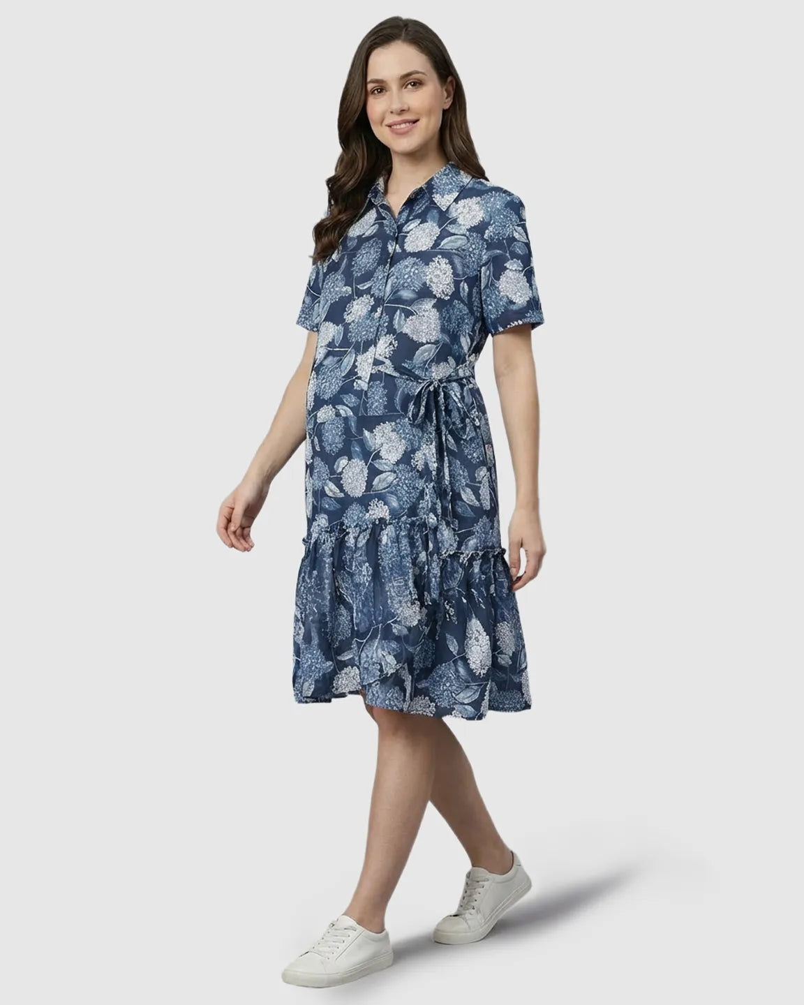 Bump Society – The Comfort Collection: Floral-Lapel Casual Maternity Midi Dress