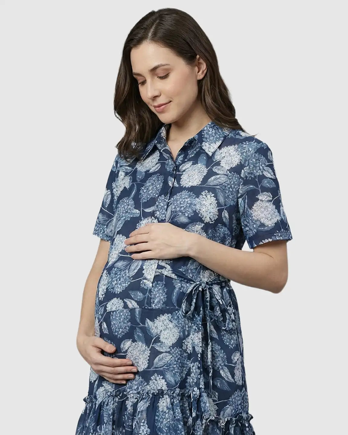 Bump Society – The Comfort Collection: Floral-Lapel Casual Maternity Midi Dress