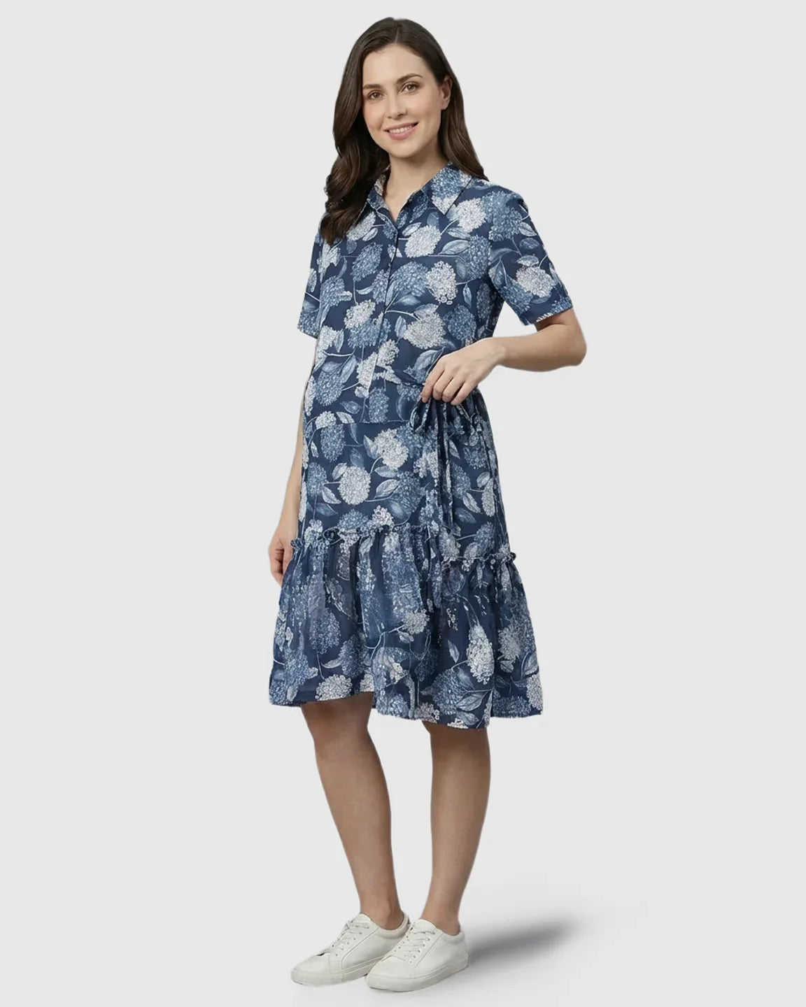 Bump Society – The Comfort Collection: Floral-Lapel Casual Maternity Midi Dress