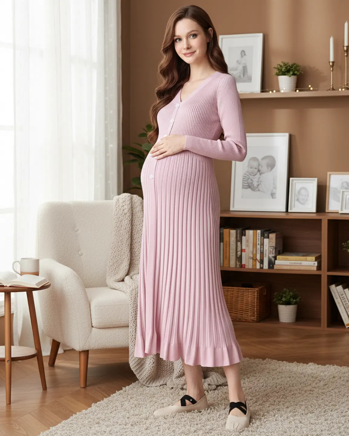 Maternity model in a pink ribbed knit long-sleeve midi dress with V-neck and front buttons.