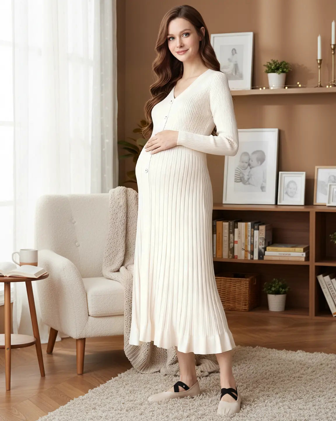 Maternity model in a cream ribbed knit long-sleeve midi dress with a V-neck and front buttons.