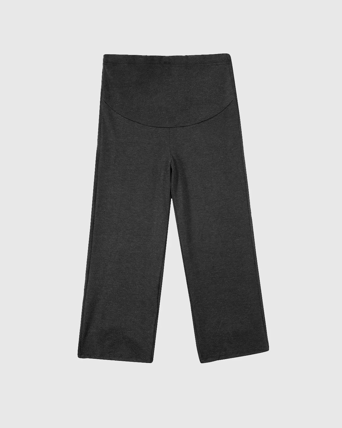 Charcoal gray Comfort Fit Elastic Waist Maternity Pants with over-belly support and loose, full-length legs.