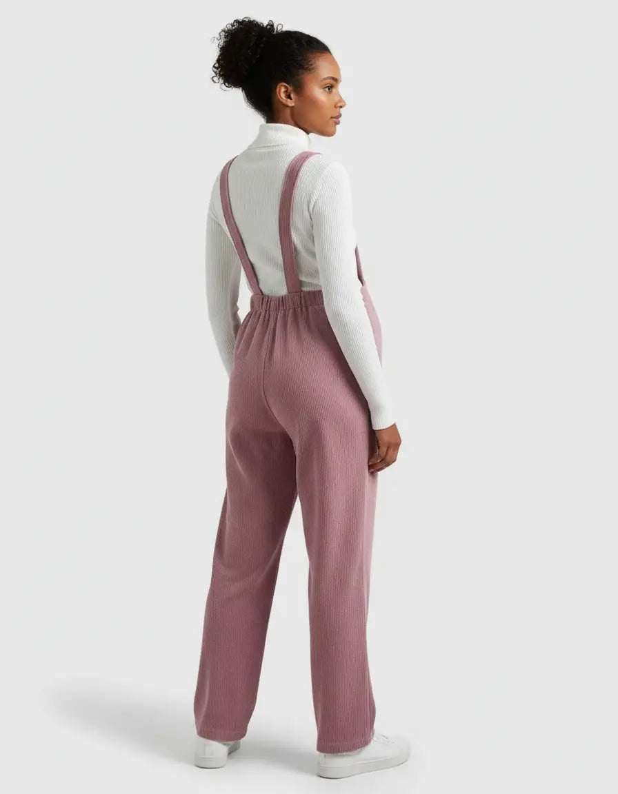 Woman wearing a pink corduroy maternity jumpsuit with adjustable straps over a white turtleneck.