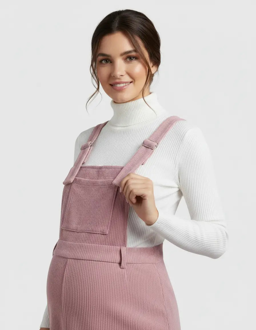 Smiling pregnant woman in a pink corduroy maternity jumpsuit over a white turtleneck.