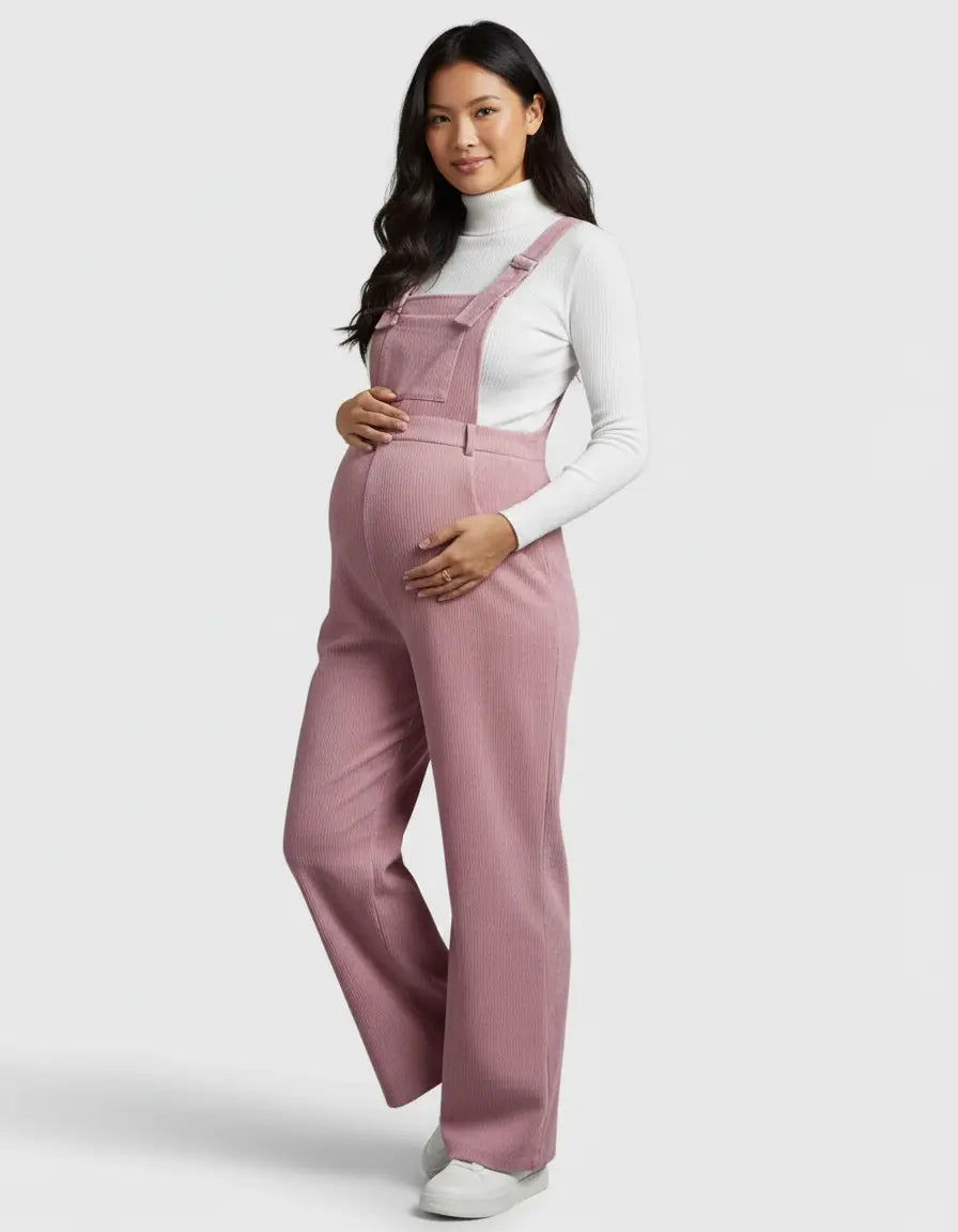 Pregnant woman in a pink corduroy maternity jumpsuit with adjustable straps and a white turtleneck.