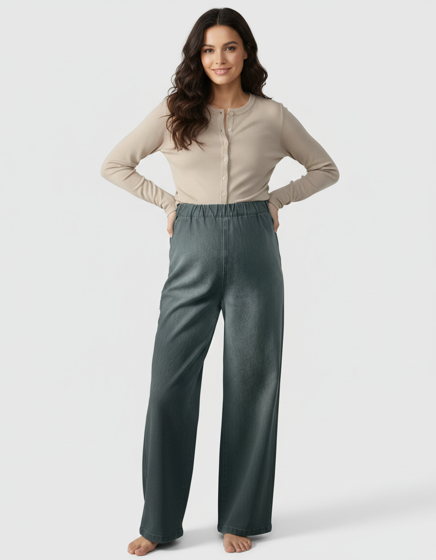Woman in a beige cardigan and dark gray wide-leg maternity denim pants with an adjustable waist.