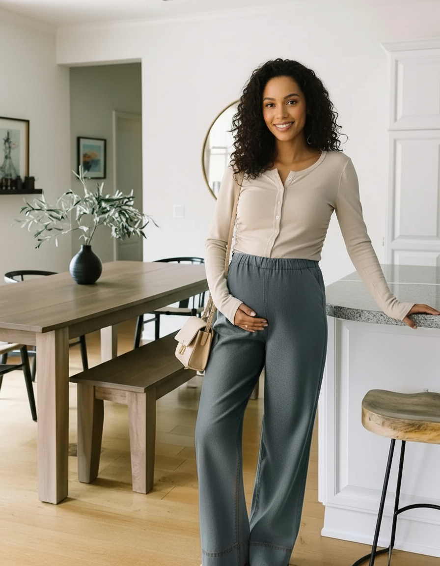 Smiling pregnant woman in a beige top and slate blue wide-leg maternity pants, touching her belly.