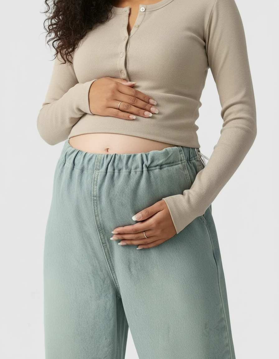 Pregnant woman wearing light wash wide-leg maternity denim pants with an adjustable elastic waist.