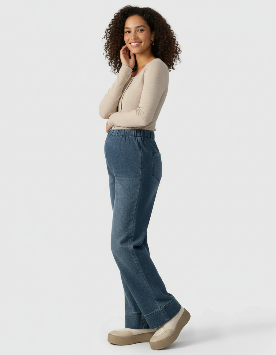 Smiling pregnant woman in blue wide-leg maternity denim pants with an adjustable waist.