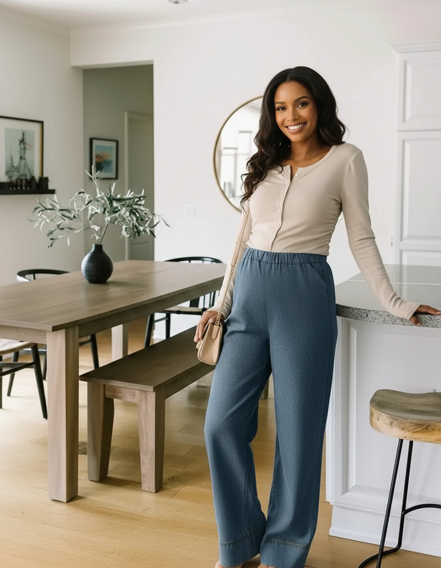 Smiling pregnant woman in blue wide-leg maternity denim pants and a beige long-sleeve top.