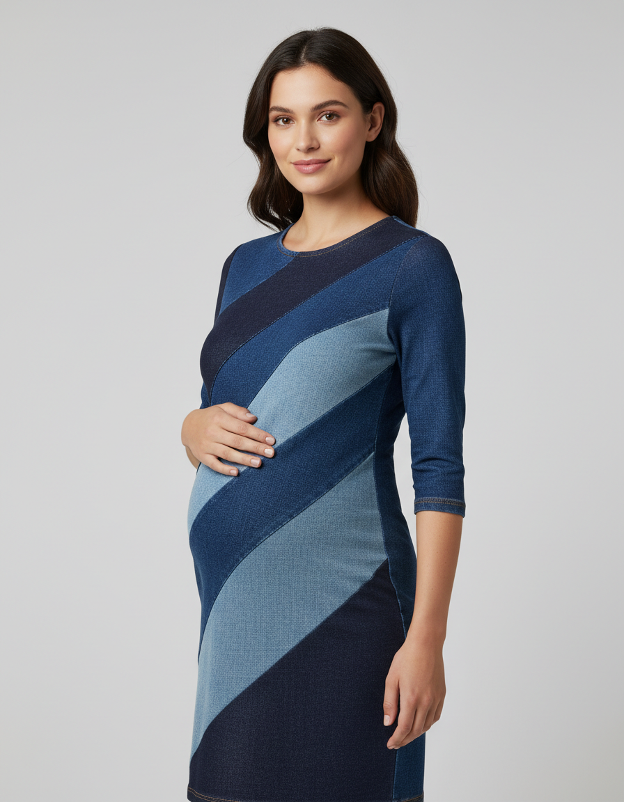 Pregnant woman in a blue denim maternity dress with diagonal color block stripes.