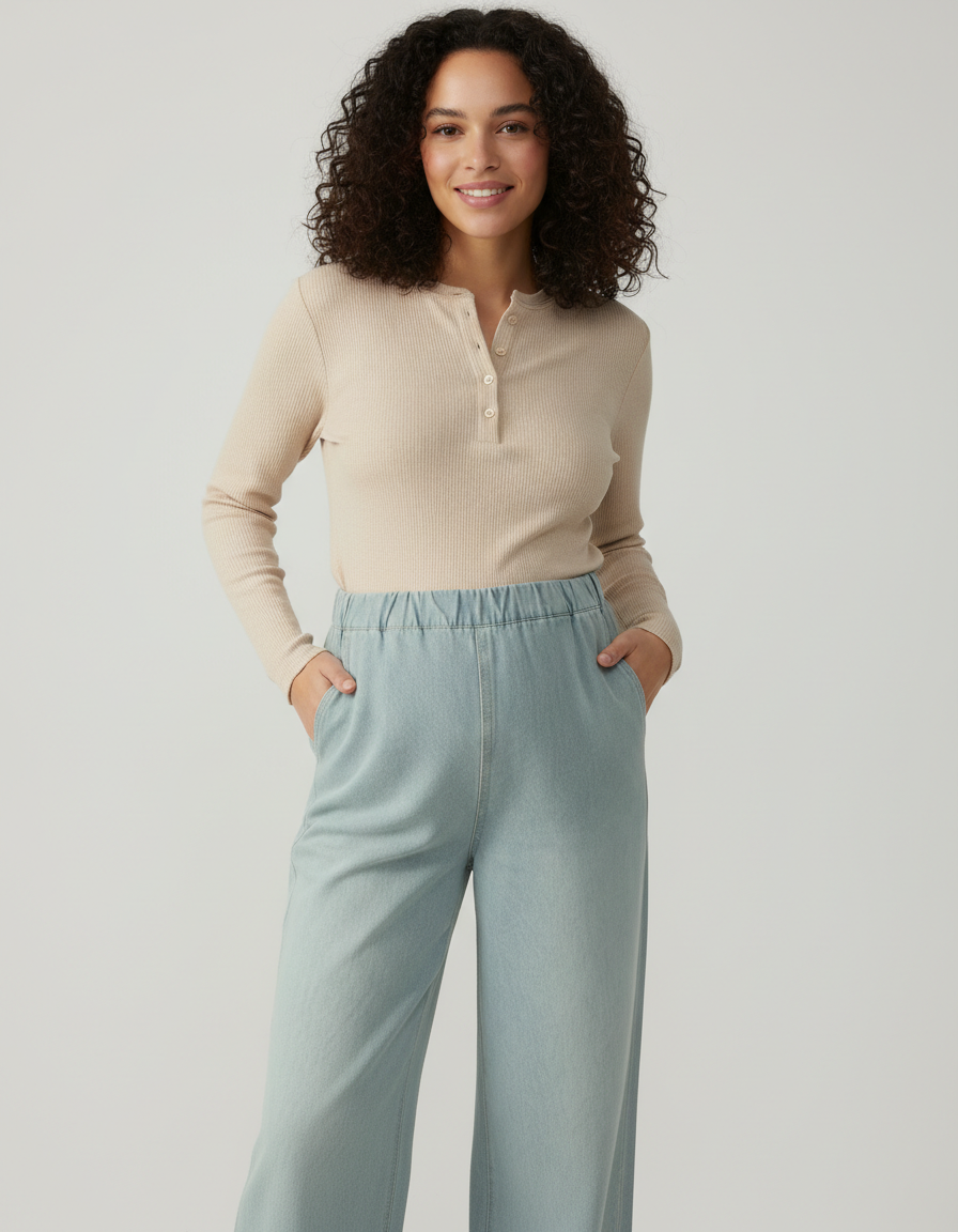 Smiling woman in light blue wide-leg maternity denim pants with an adjustable waist.