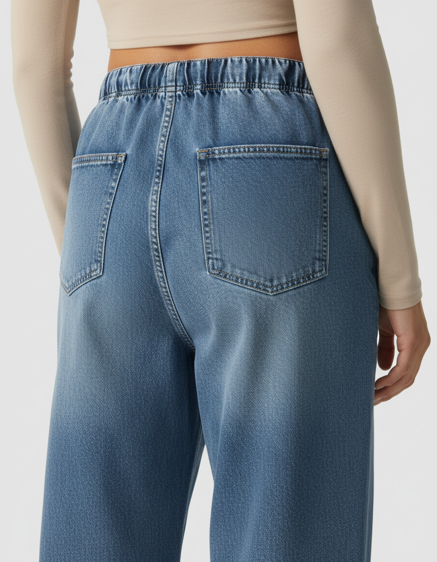 Back view of light blue wide-leg maternity denim pants with an elastic adjustable waist and two back pockets.