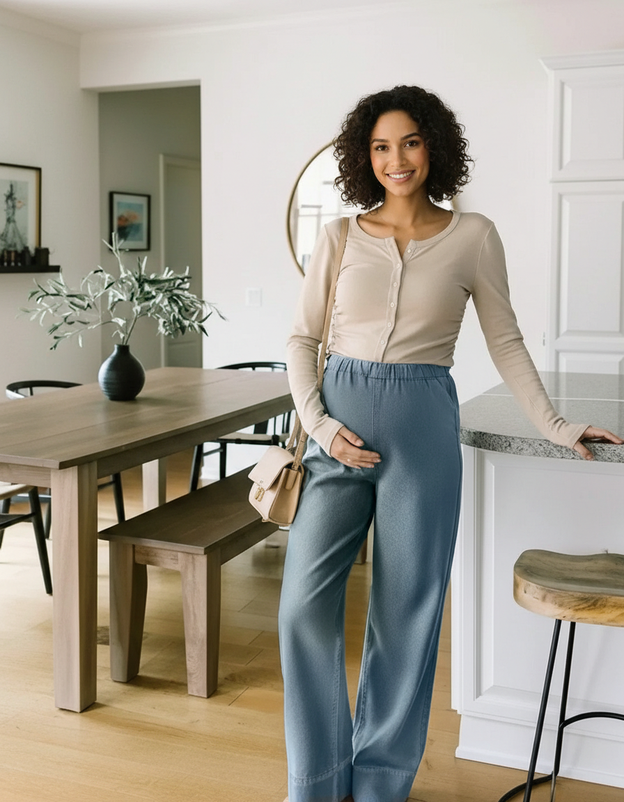 Smiling pregnant woman in beige top and blue wide-leg maternity denim pants, hand on belly.