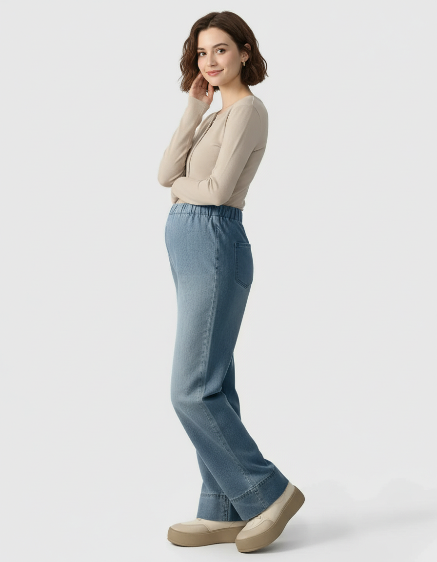 Pregnant woman in light wash wide-leg maternity denim pants with an adjustable waist.