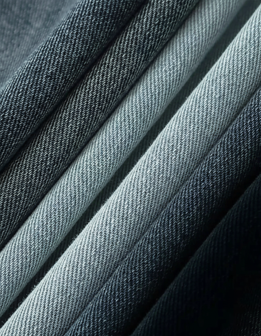 Close-up of folded denim fabric in varying shades of blue and gray, showing texture.