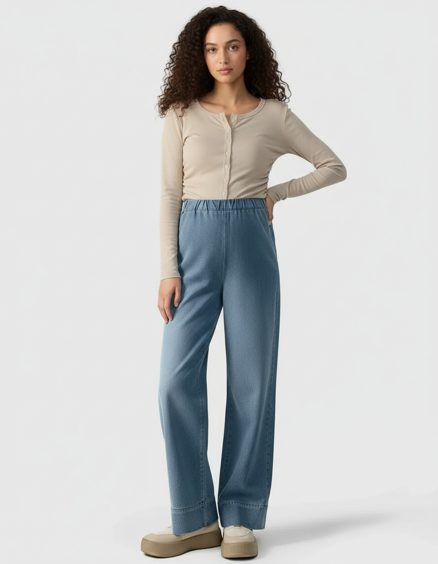 Woman in light wash wide-leg maternity denim pants with an adjustable waist, paired with a beige long-sleeve top.