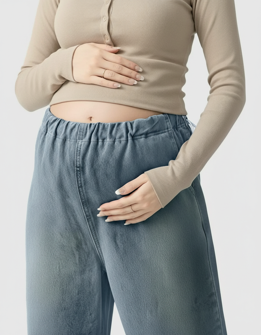 Pregnant woman in light wash wide-leg maternity denim pants with an adjustable elastic waist.