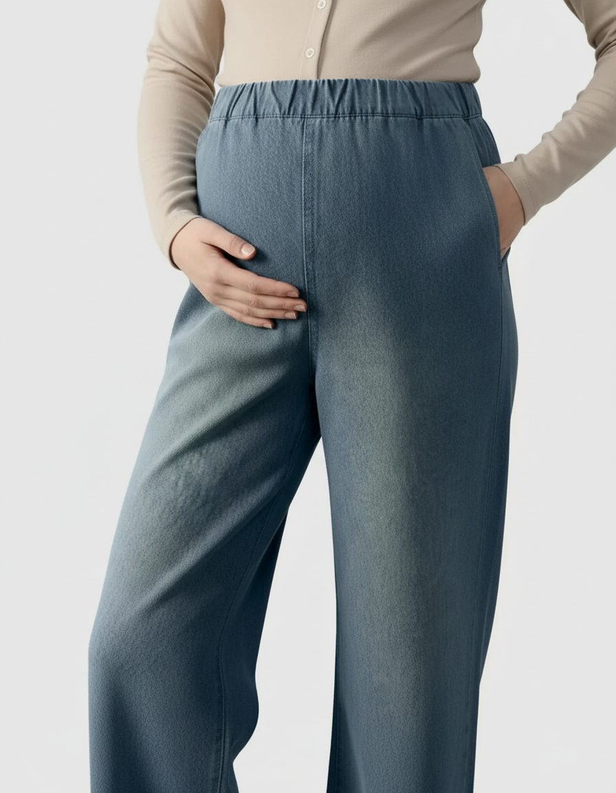 Pregnant woman wearing blue wide-leg maternity denim pants with an adjustable elastic waist.