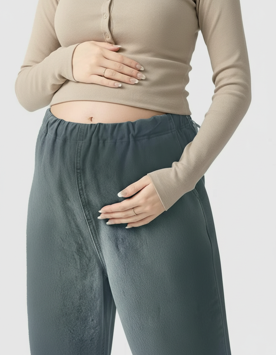 Pregnant woman wearing comfortable, adjustable waist, wide-leg maternity denim pants in a dark teal color.