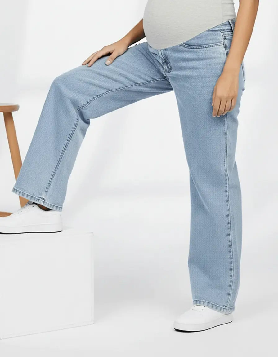 Light wash wide-leg maternity jeans with an adjustable waistband and a grey over-the-bump panel.
