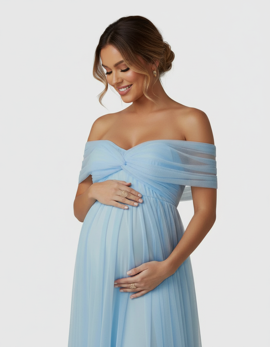 Bump Society – The Comfort Collection: Bardot Neckline Flowy Maternity Evening Gown-Bump Society