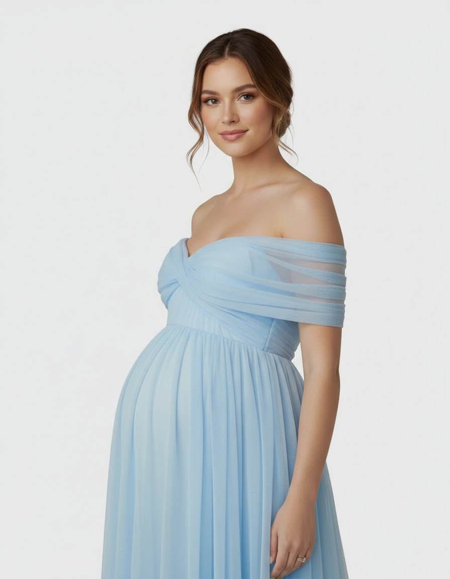 Bump Society – The Comfort Collection: Bardot Neckline Flowy Maternity Evening Gown-Bump Society