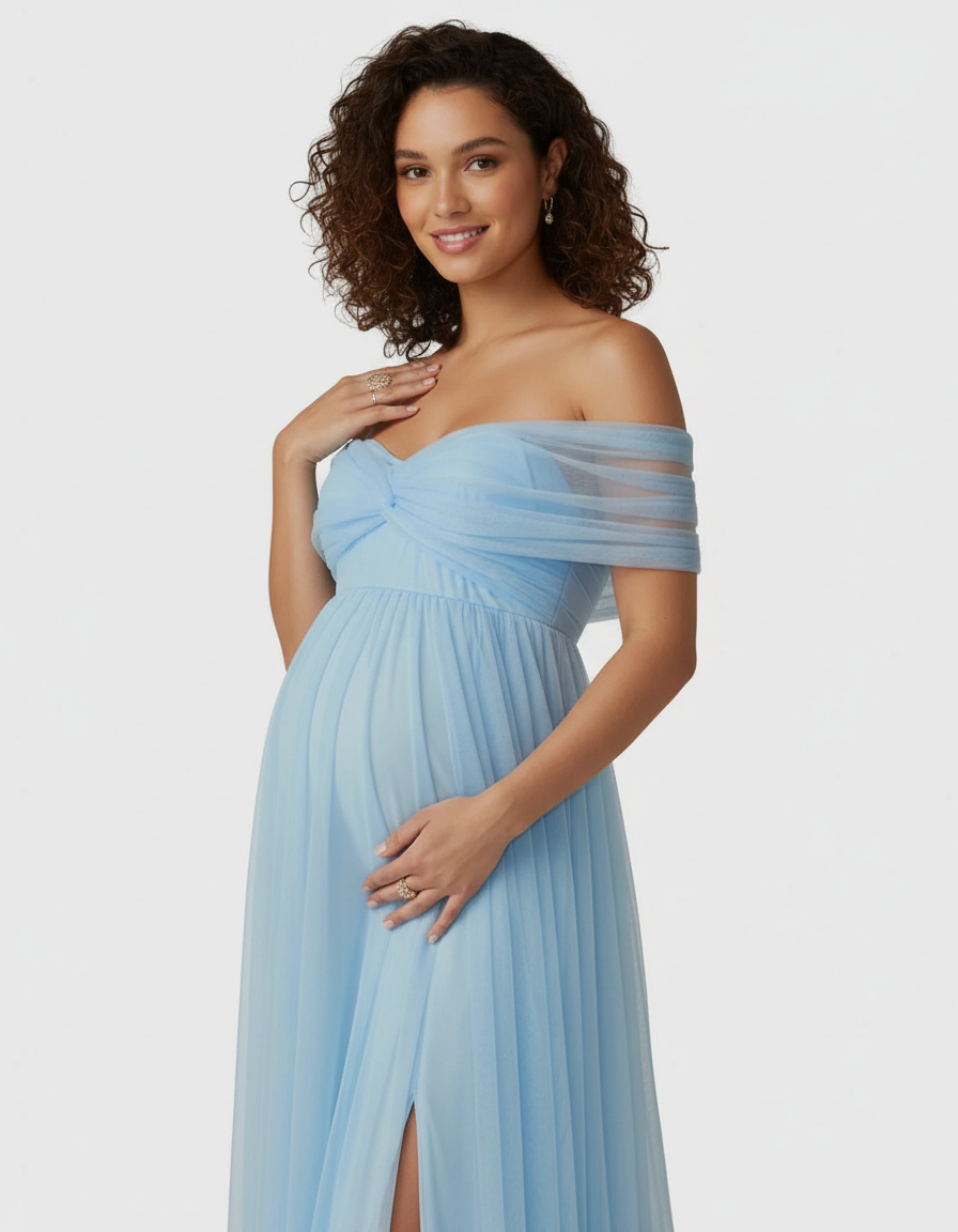 Bump Society – The Comfort Collection: Bardot Neckline Flowy Maternity Evening Gown-Bump Society