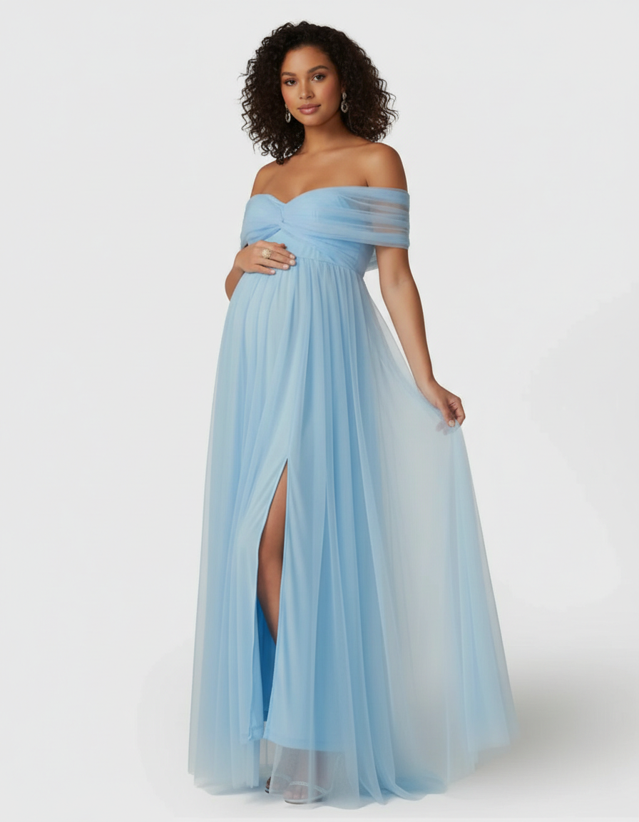 Bump Society – The Comfort Collection: Bardot Neckline Flowy Maternity Evening Gown-Bump Society