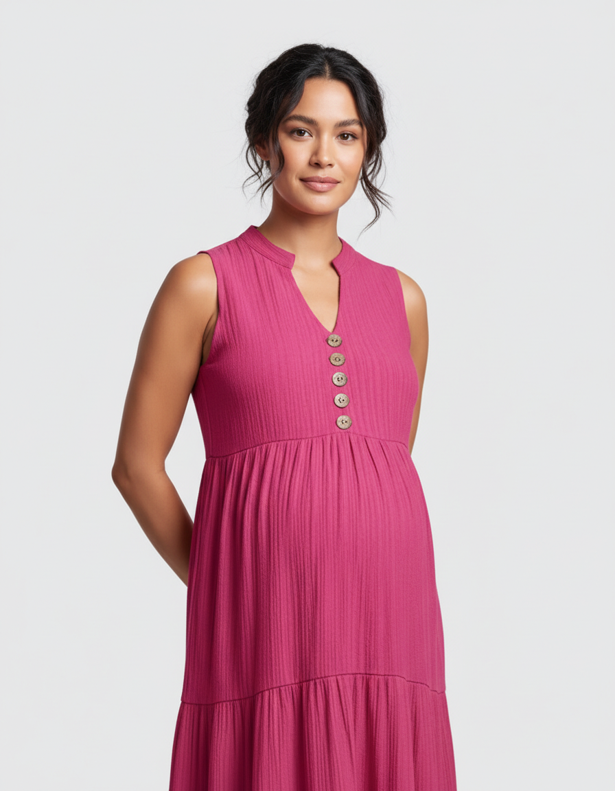 Bump Society – The Comfort Collection: Button-Front Detail Tiered Maternity Midi Dress-Bump Society