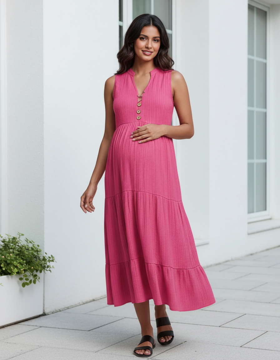 Bump Society – The Comfort Collection: Button-Front Detail Tiered Maternity Midi Dress-Bump Society