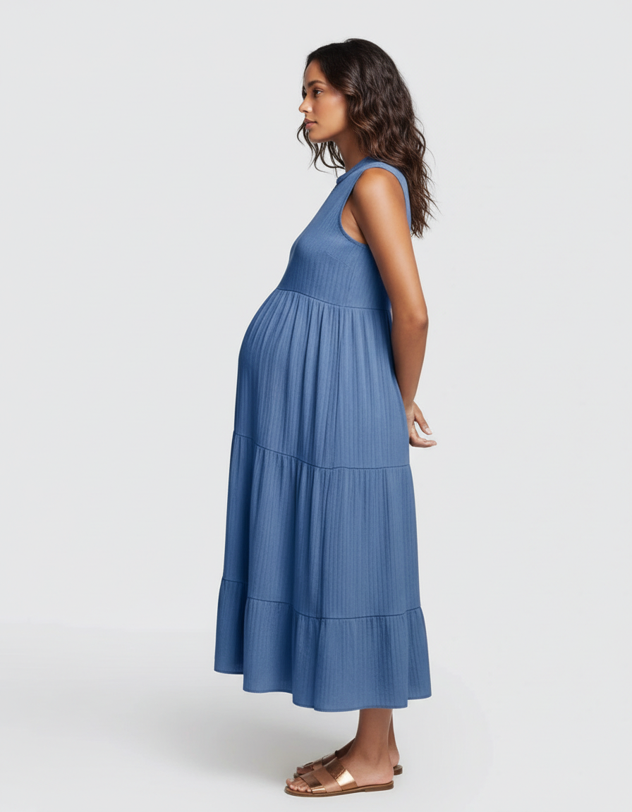 Bump Society – The Comfort Collection: Button-Front Detail Tiered Maternity Midi Dress-Bump Society