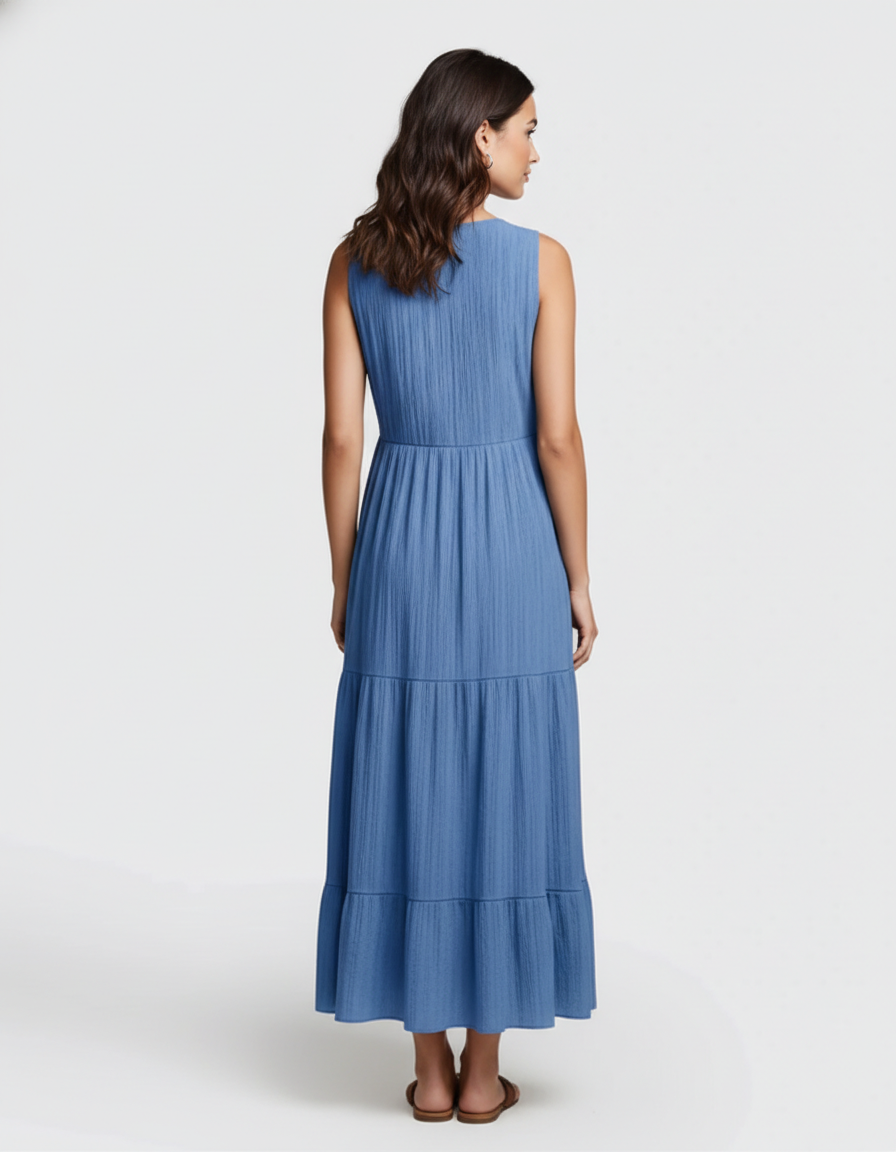 Bump Society – The Comfort Collection: Button-Front Detail Tiered Maternity Midi Dress-Bump Society
