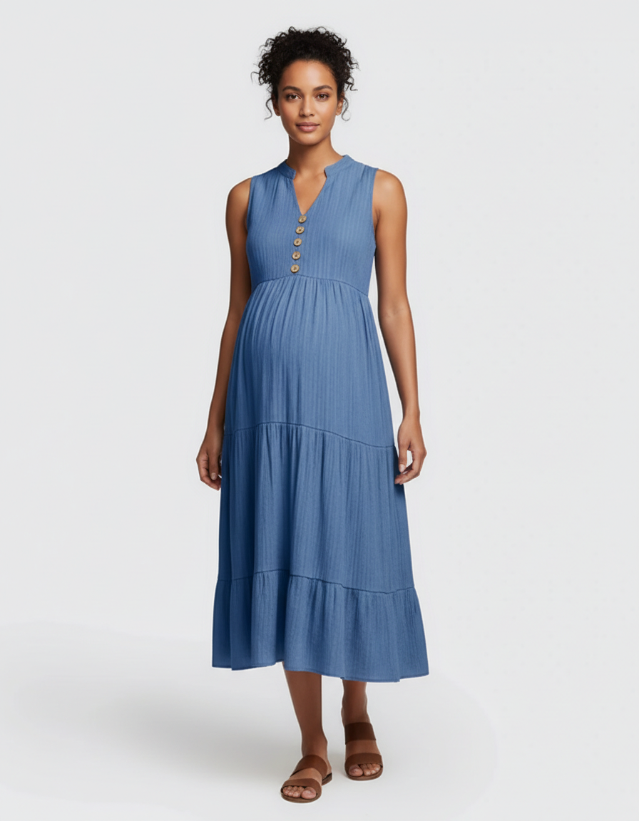 Bump Society – The Comfort Collection: Button-Front Detail Tiered Maternity Midi Dress-Bump Society