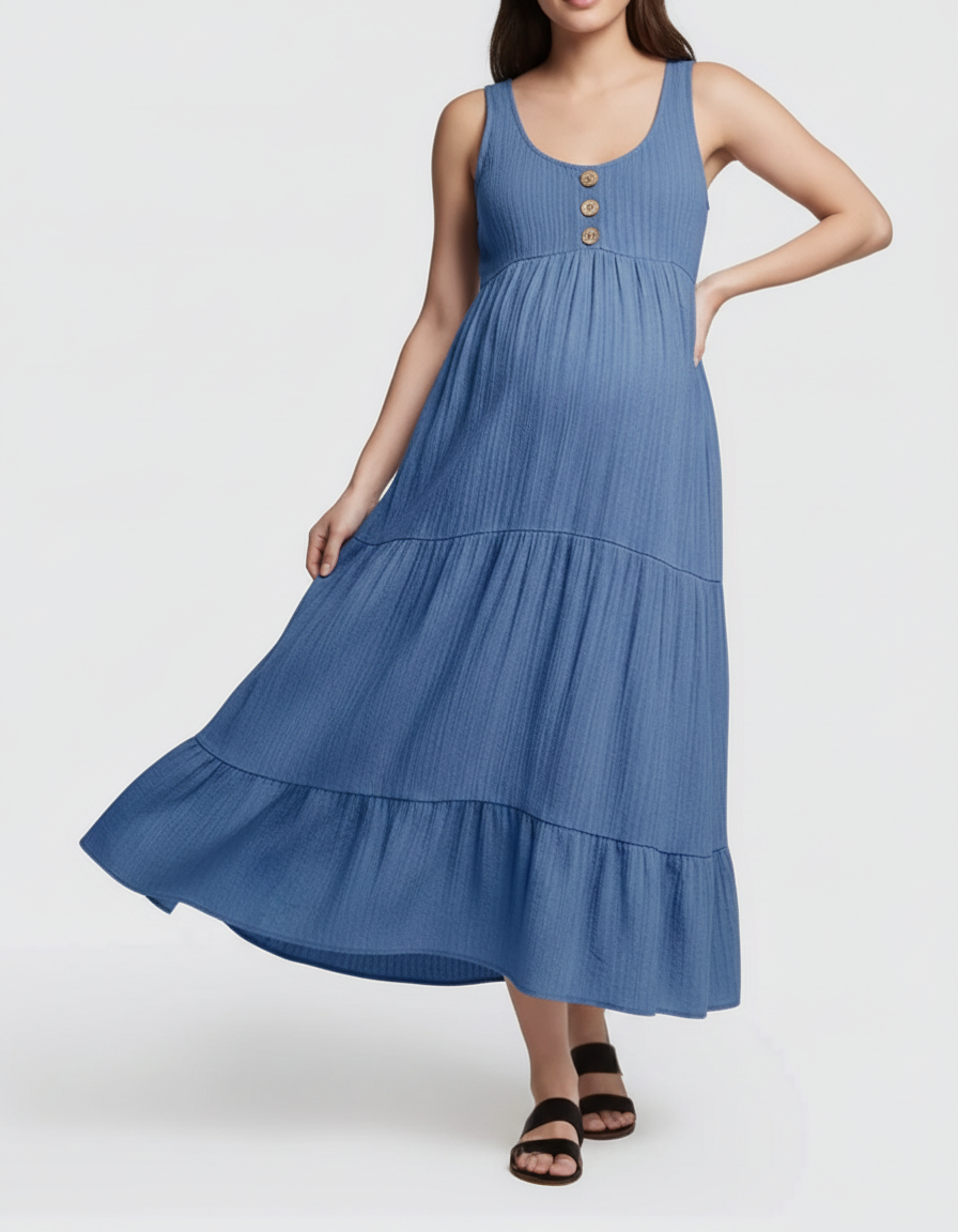 Bump Society – The Comfort Collection: Button-Front Detail Tiered Maternity Midi Dress-Bump Society
