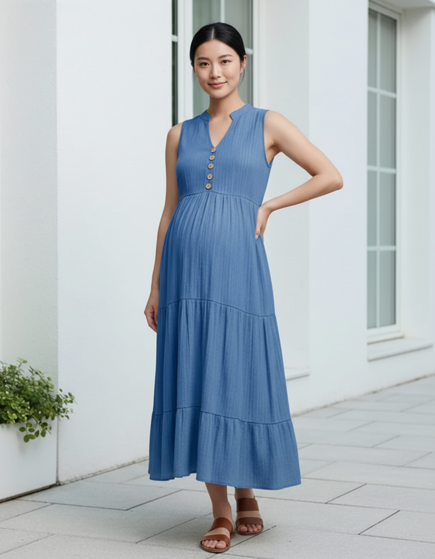 Bump Society – The Comfort Collection: Button-Front Detail Tiered Maternity Midi Dress-Bump Society