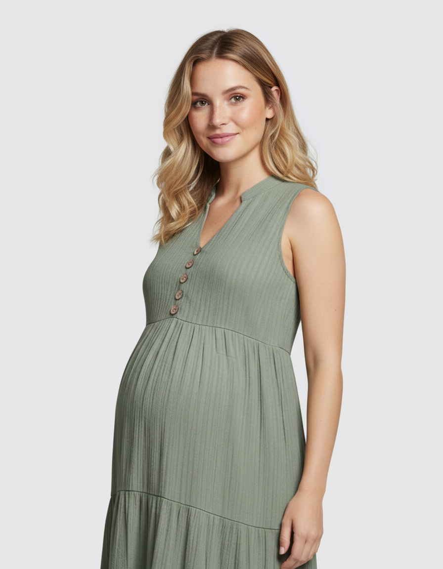 Bump Society – The Comfort Collection: Button-Front Detail Tiered Maternity Midi Dress-Bump Society