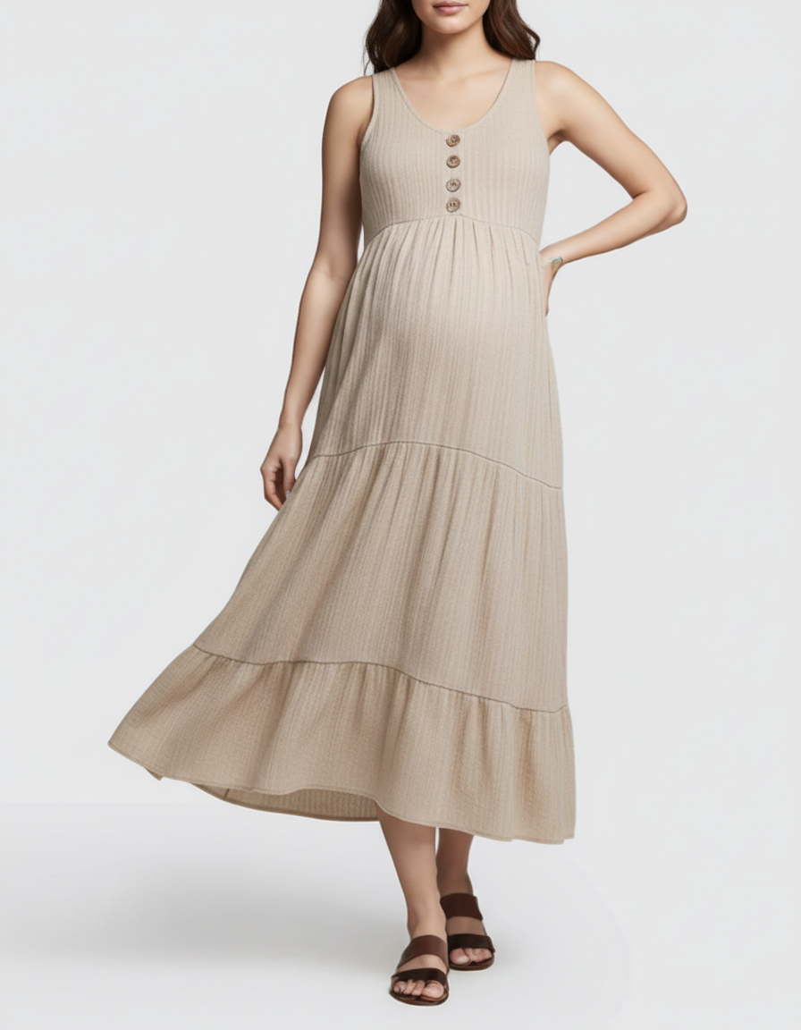 Bump Society – The Comfort Collection: Button-Front Detail Tiered Maternity Midi Dress-Bump Society
