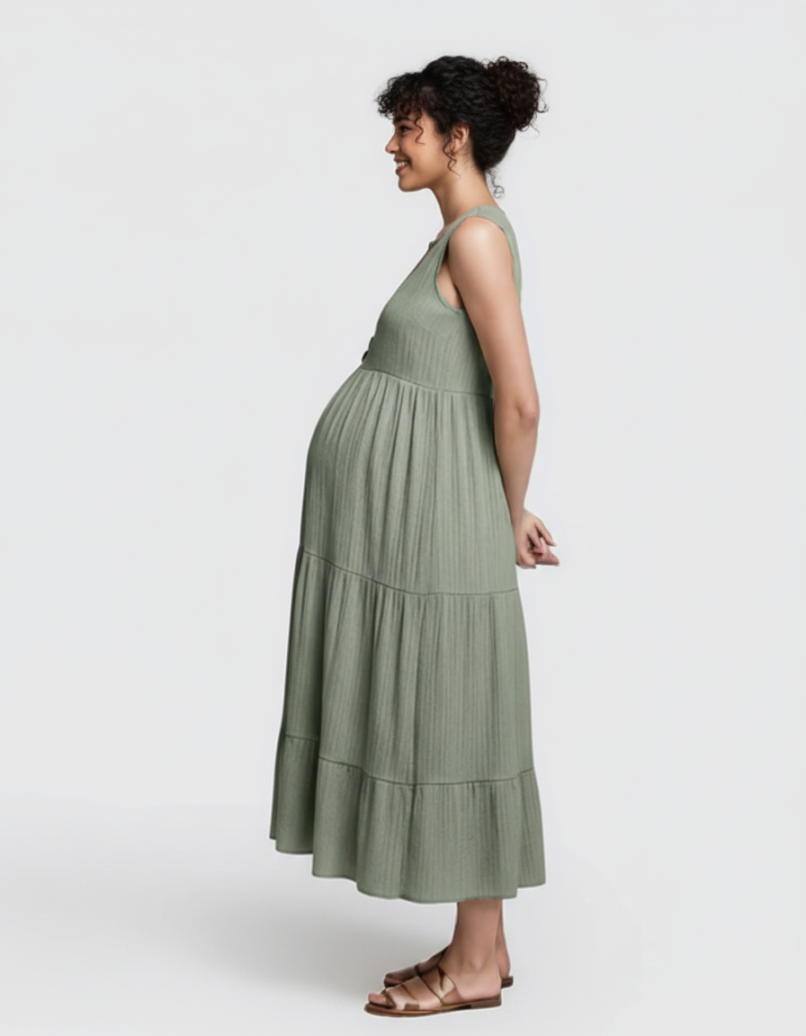 Bump Society – The Comfort Collection: Button-Front Detail Tiered Maternity Midi Dress-Bump Society