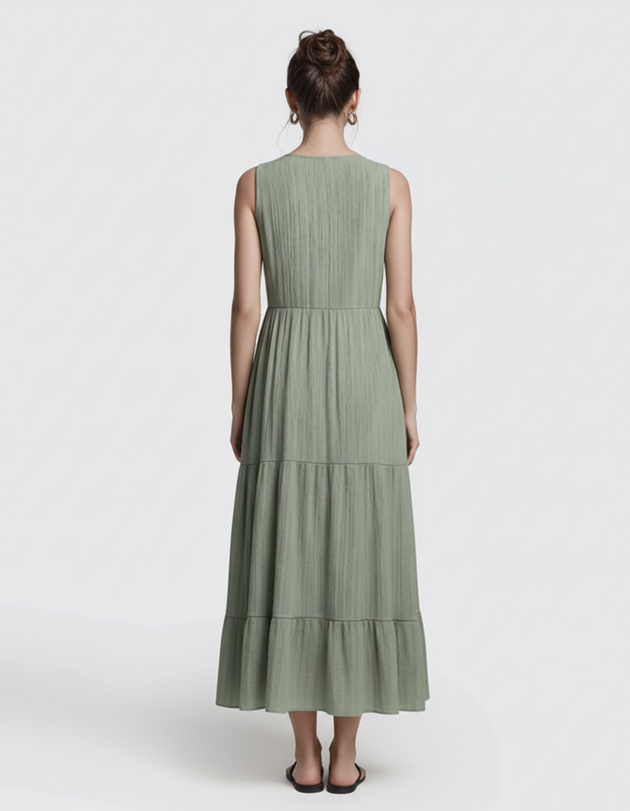 Bump Society – The Comfort Collection: Button-Front Detail Tiered Maternity Midi Dress-Bump Society