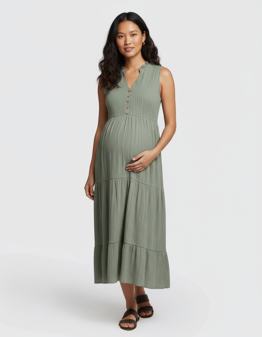 Bump Society – The Comfort Collection: Button-Front Detail Tiered Maternity Midi Dress-Bump Society