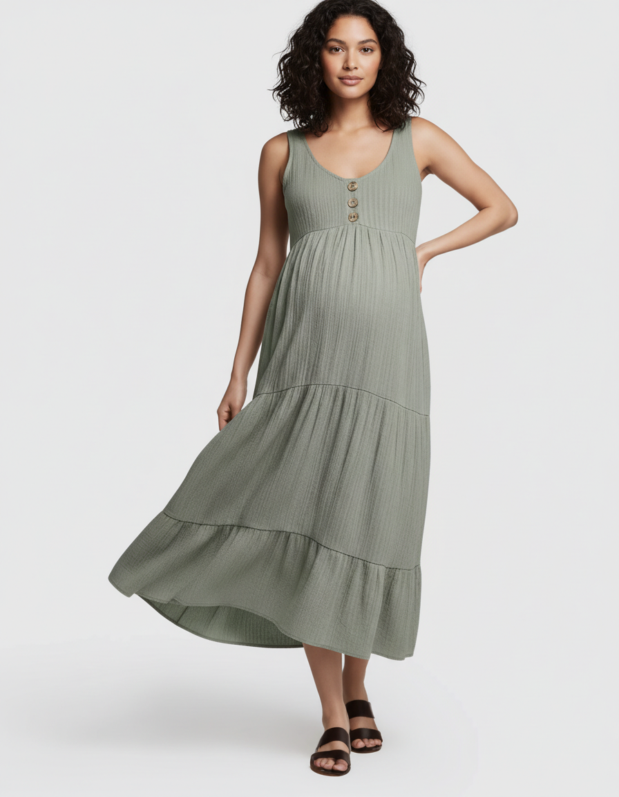 Bump Society – The Comfort Collection: Button-Front Detail Tiered Maternity Midi Dress-Bump Society